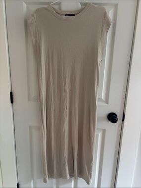 Zara Beige Crewneck Cap-Sleeve Midi Dress